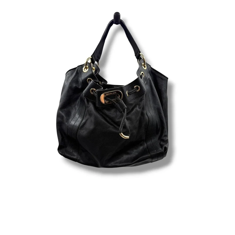 Michael Kors Black Pebbled Leather Hobo Bag Large Gold Hardware Drawstring Y2K